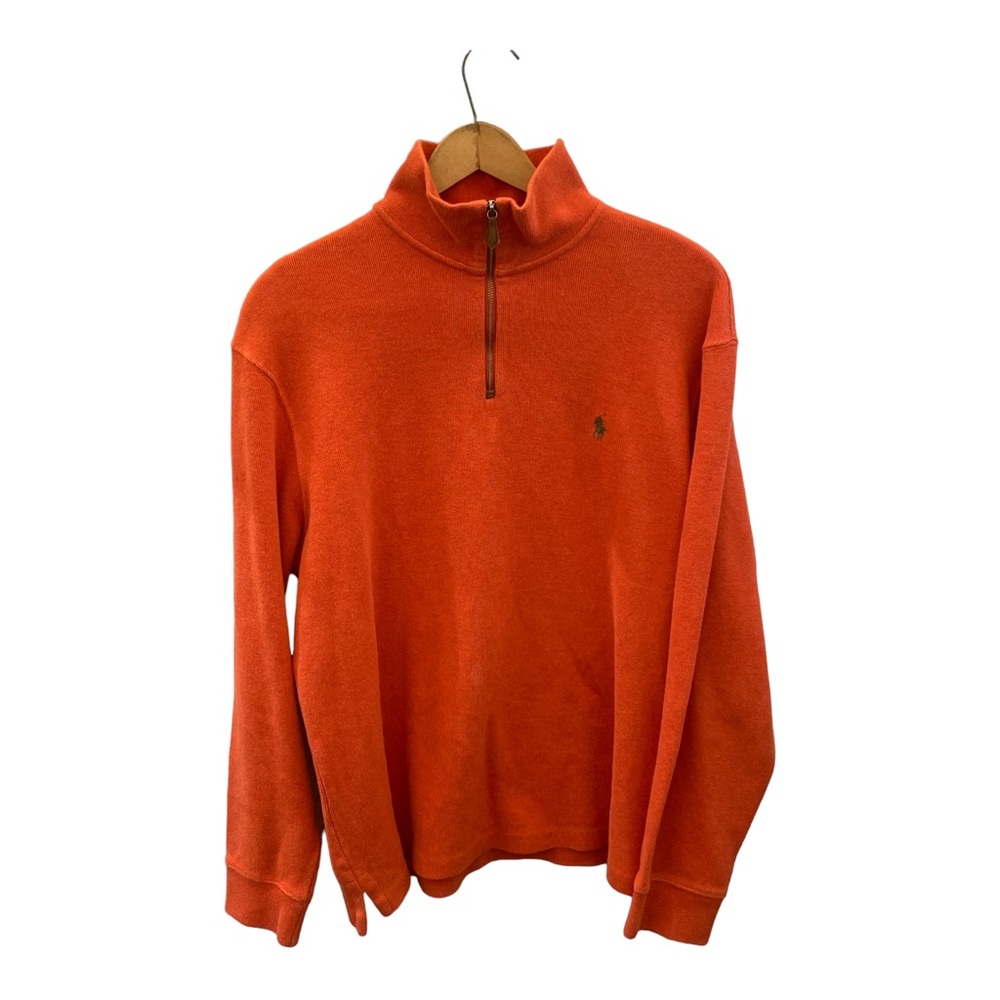 Polo Ralph Lauren Men L Tall Red 1/4 Zip Sweater Pullover Orange with Brown Pony